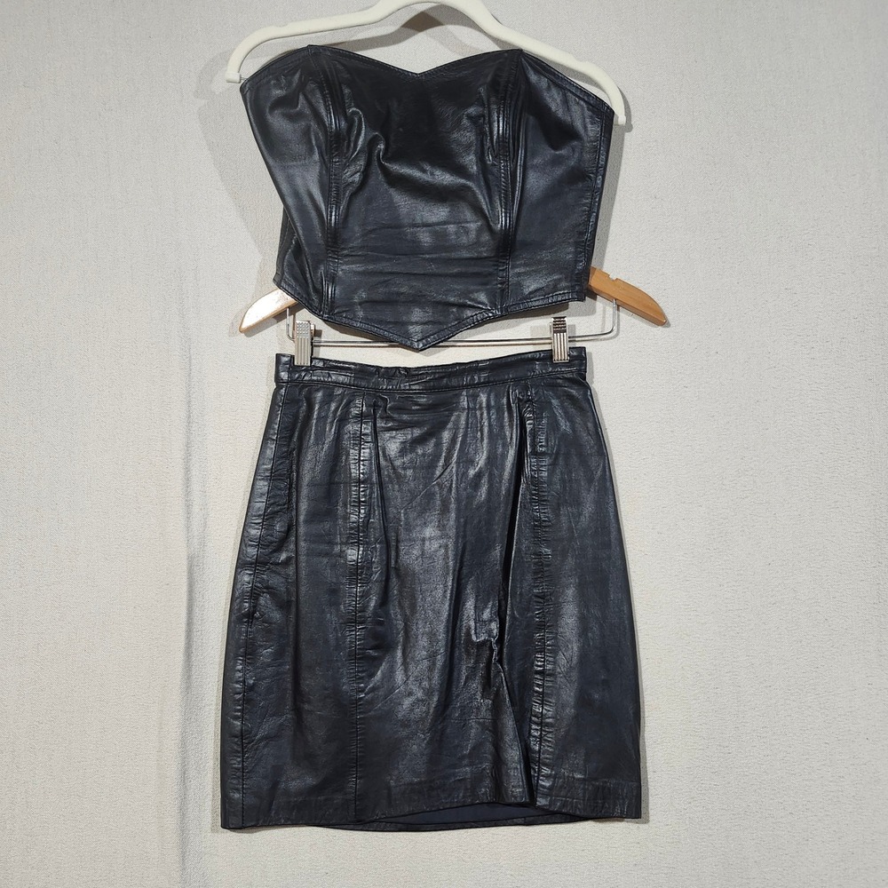 Vintage 90s I.O.U. Black Leather 2 Piece Set Corset Top & Mini Skirt Women 9 S/M
